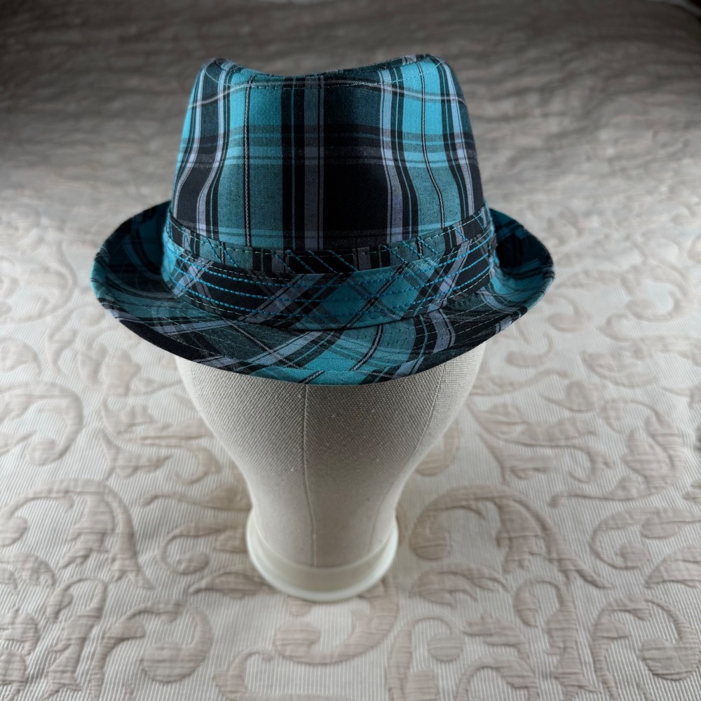 Quiksilver Mens Plaid Fedora Hat Teal Black Cotton Trilby S/M QS_A852244